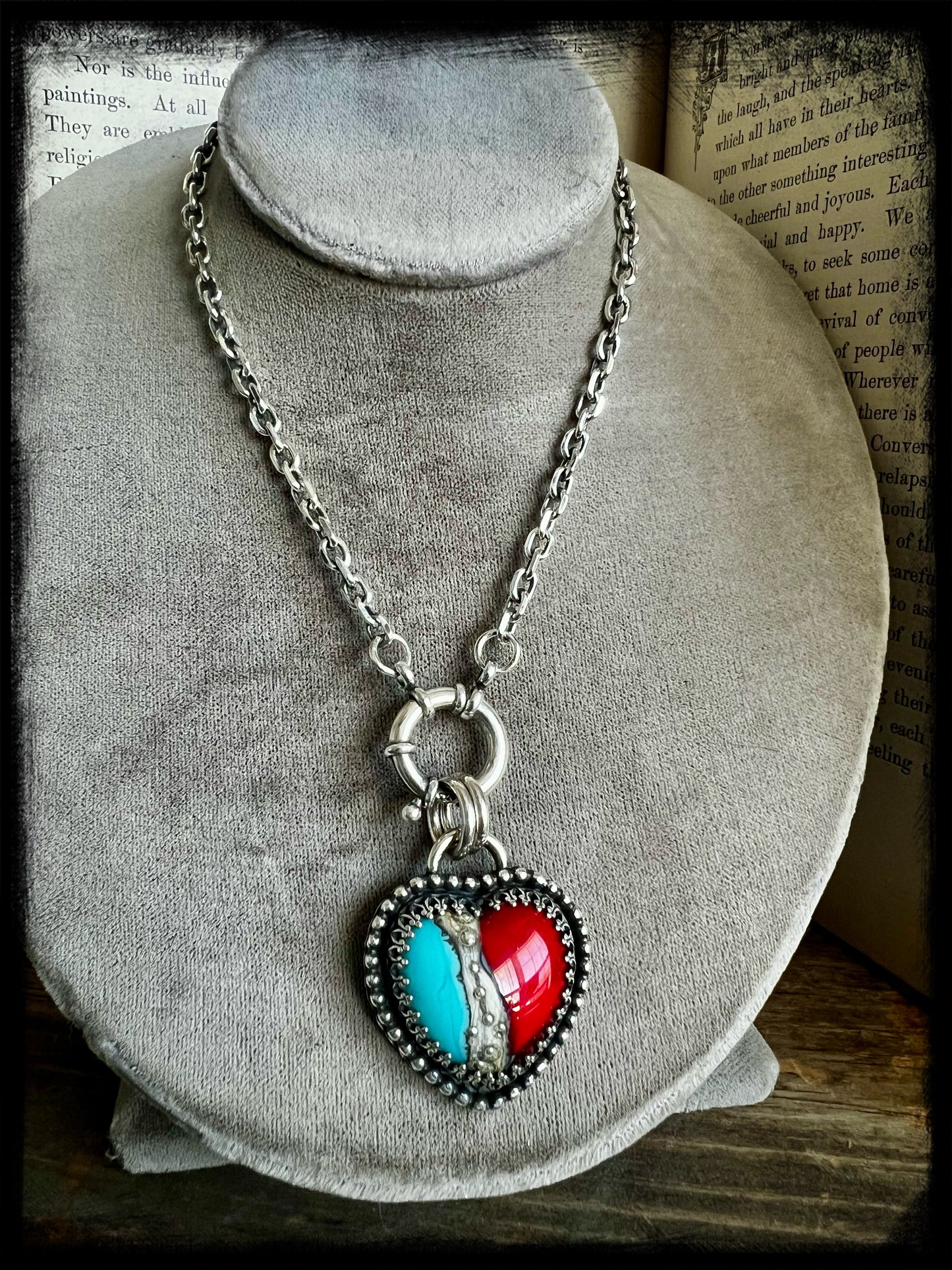 RESERVED-Blue and Red Glass Heart Pendant-Sterling Silver-Artisan Handmade