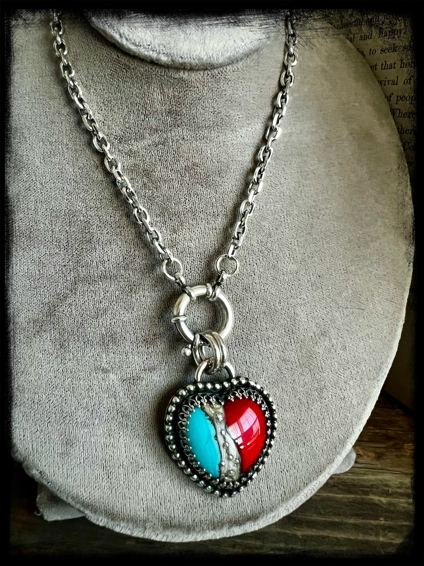 RESERVED-Blue and Red Glass Heart Pendant-Sterling Silver-Artisan Handmade