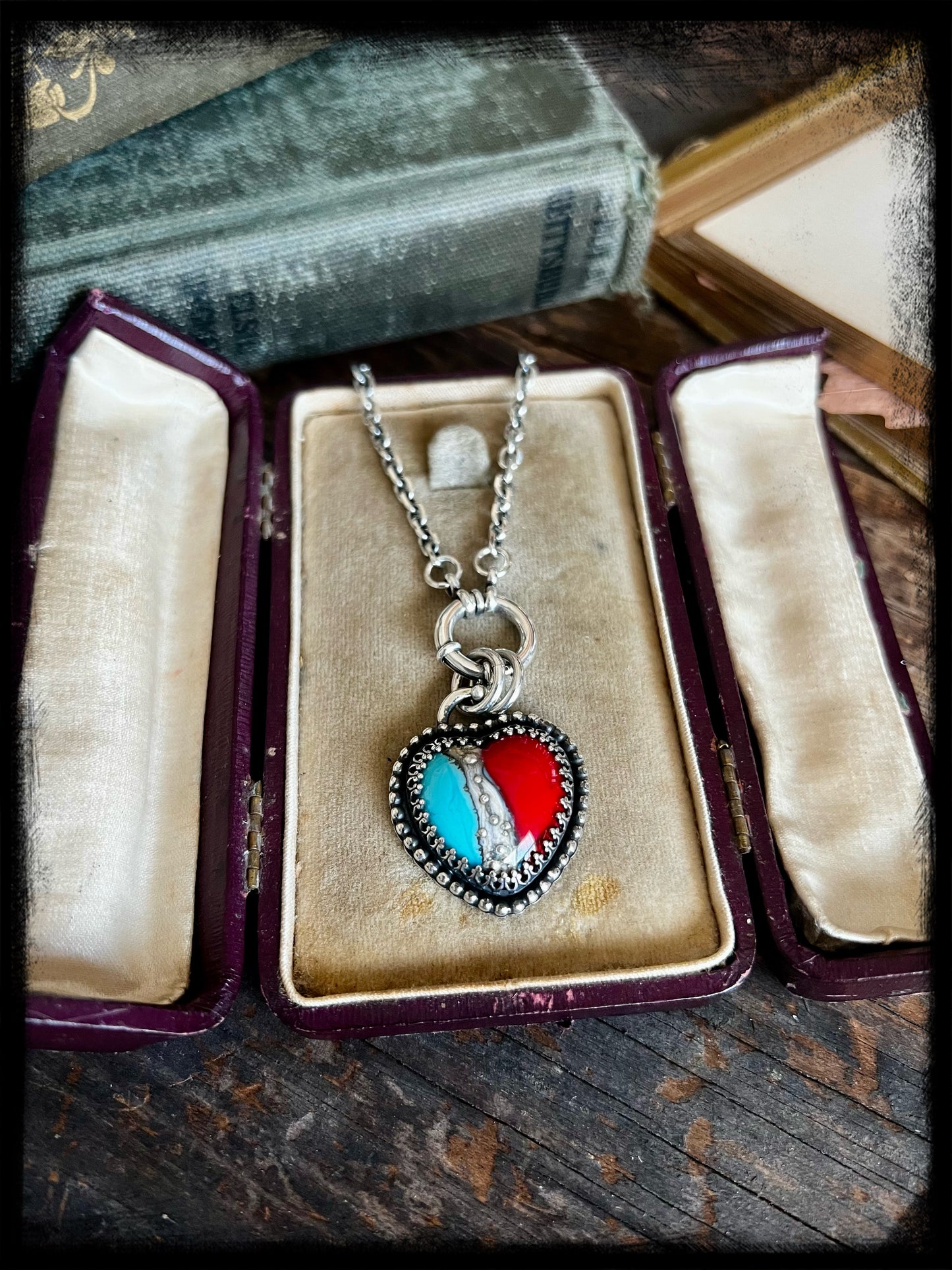 RESERVED-Blue and Red Glass Heart Pendant-Sterling Silver-Artisan Handmade