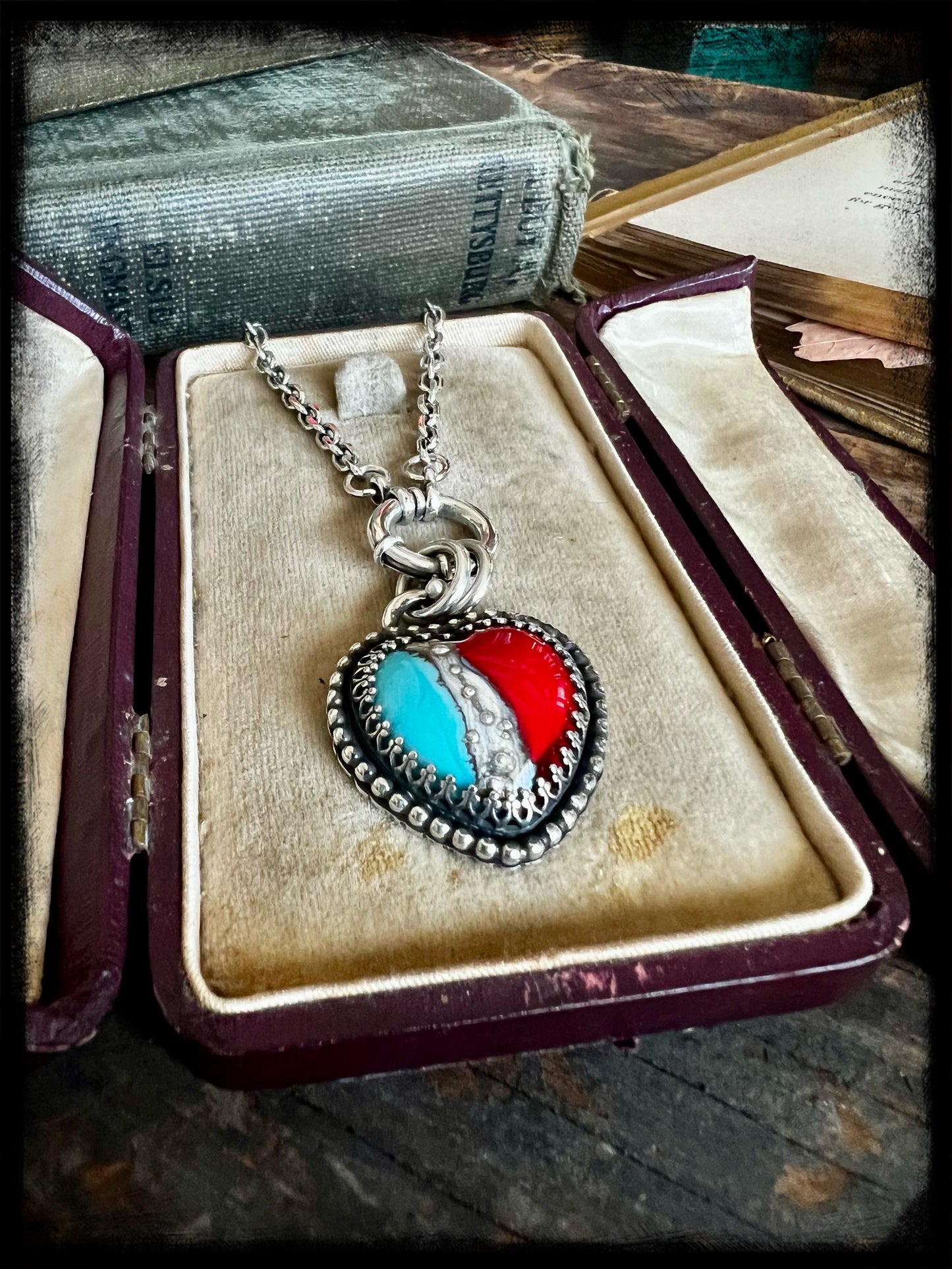 RESERVED-Blue and Red Glass Heart Pendant-Sterling Silver-Artisan Handmade