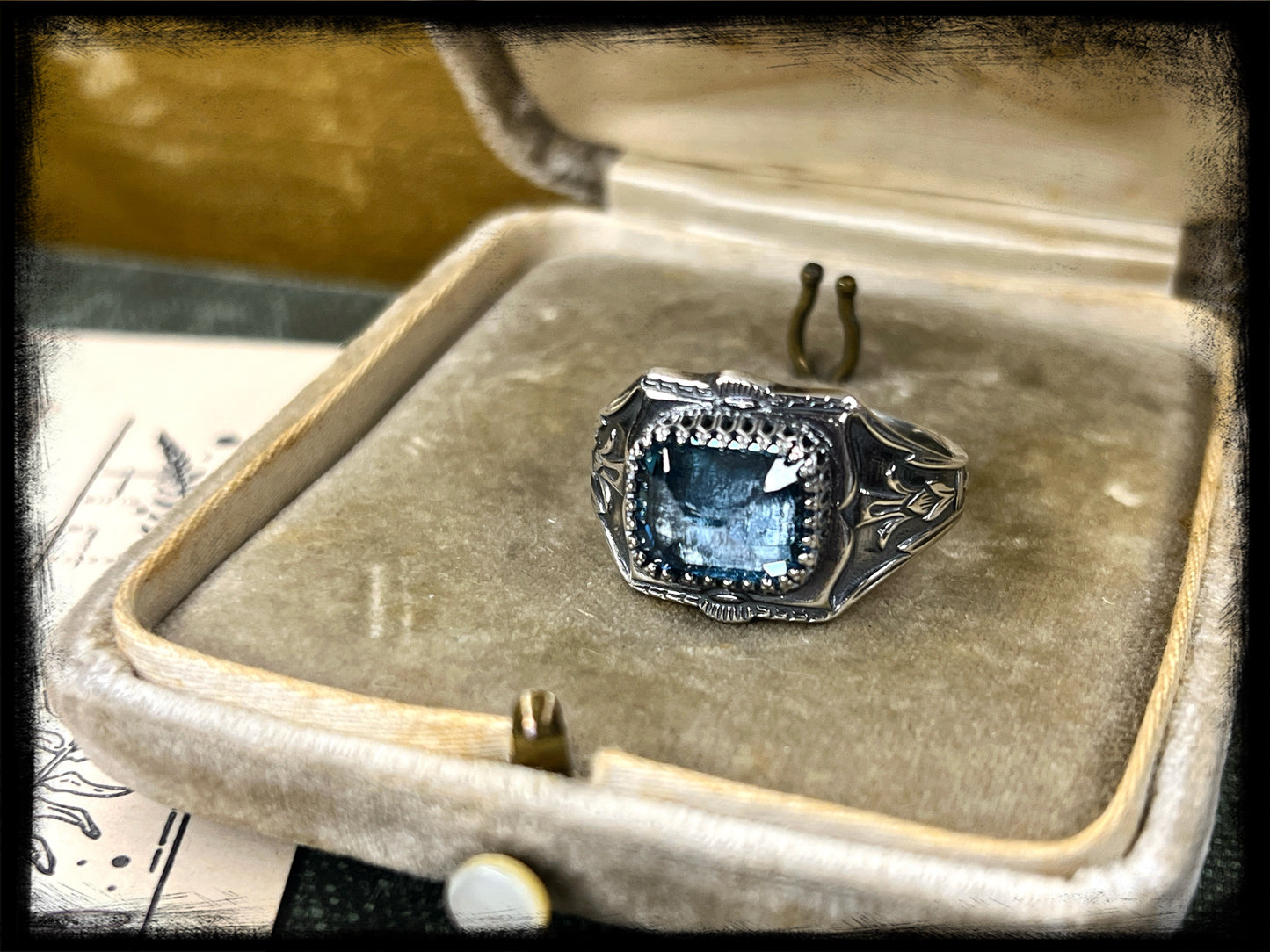 Art Deco Style Sterling Silver Ring with Blue Topaz Setting-Size 11.5US