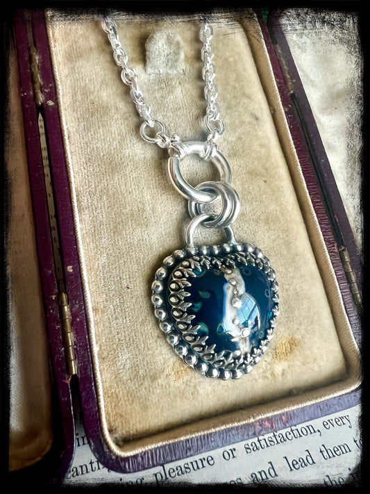 Blue Iridescent Heart-Glass Heart Pendant-Sterling Silver-Artisan Handmade