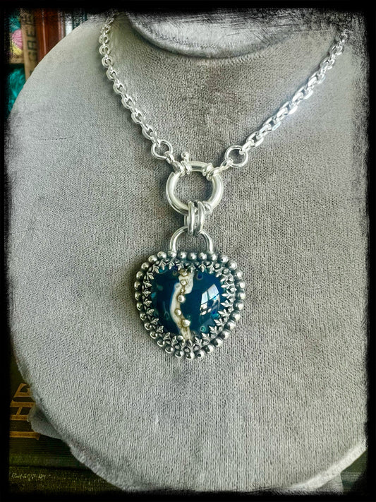 Blue Iridescent Heart-Glass Heart Pendant-Sterling Silver-Artisan Handmade