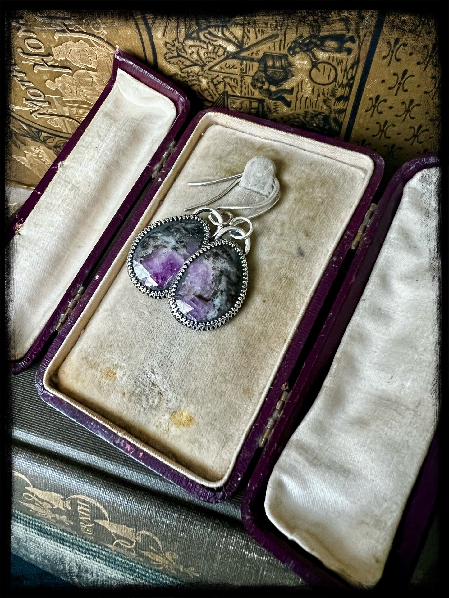 Black Ruby in Zoisite Earrings-Sterling Silver-Drop Earrings