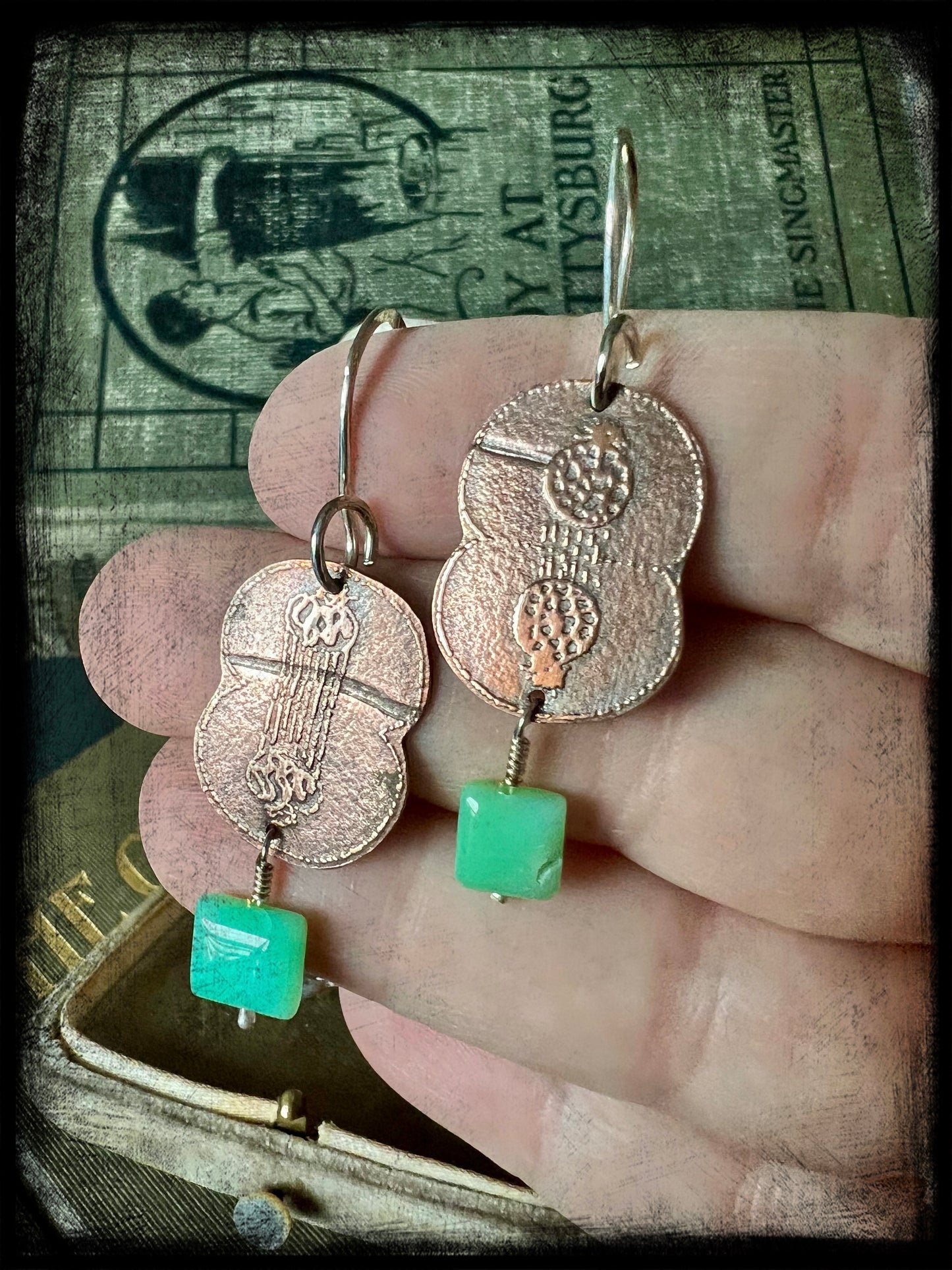 Copper Embossed Earrings with Chrysoprase Bead