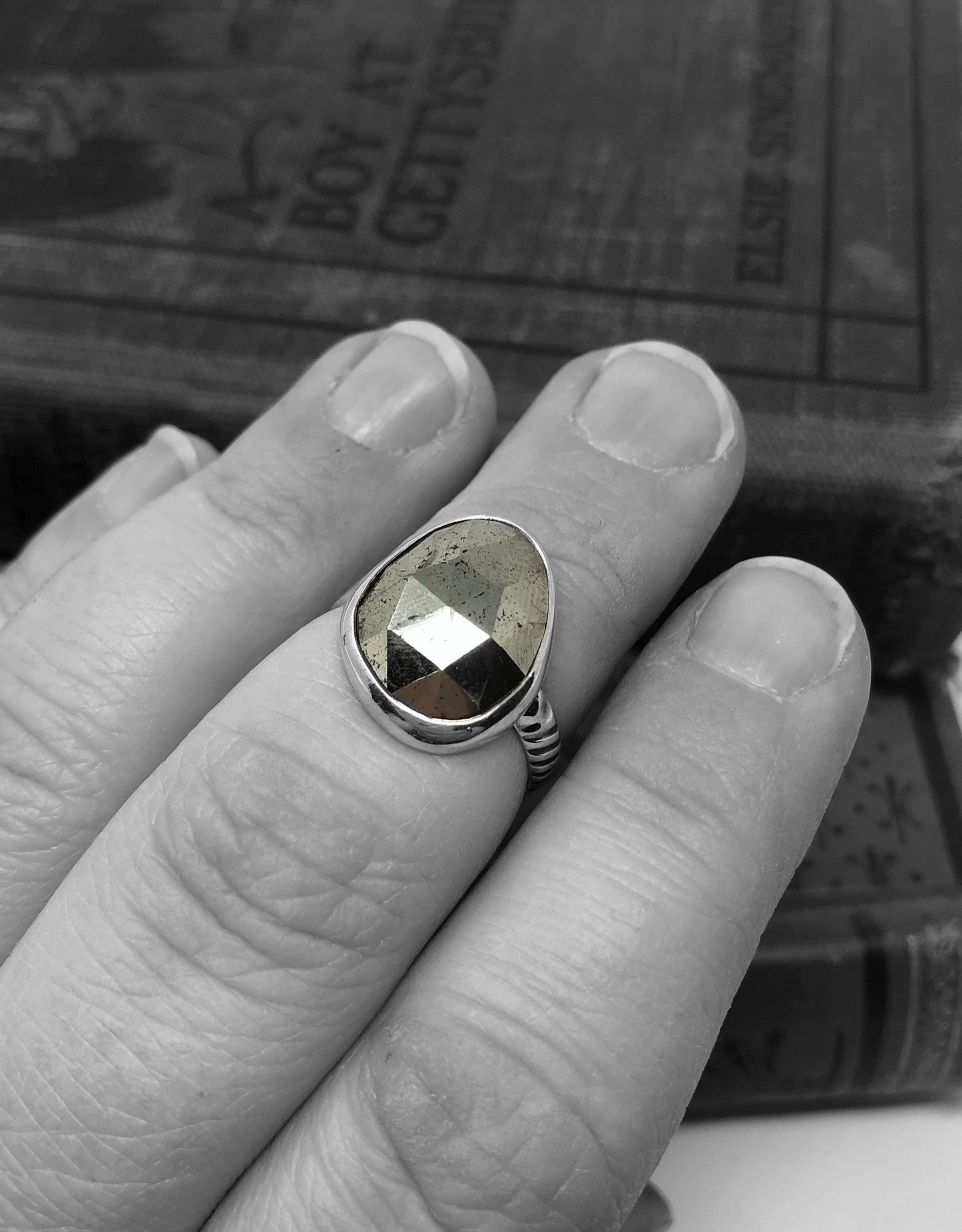Faceted Pyrite Ring Size 8.5