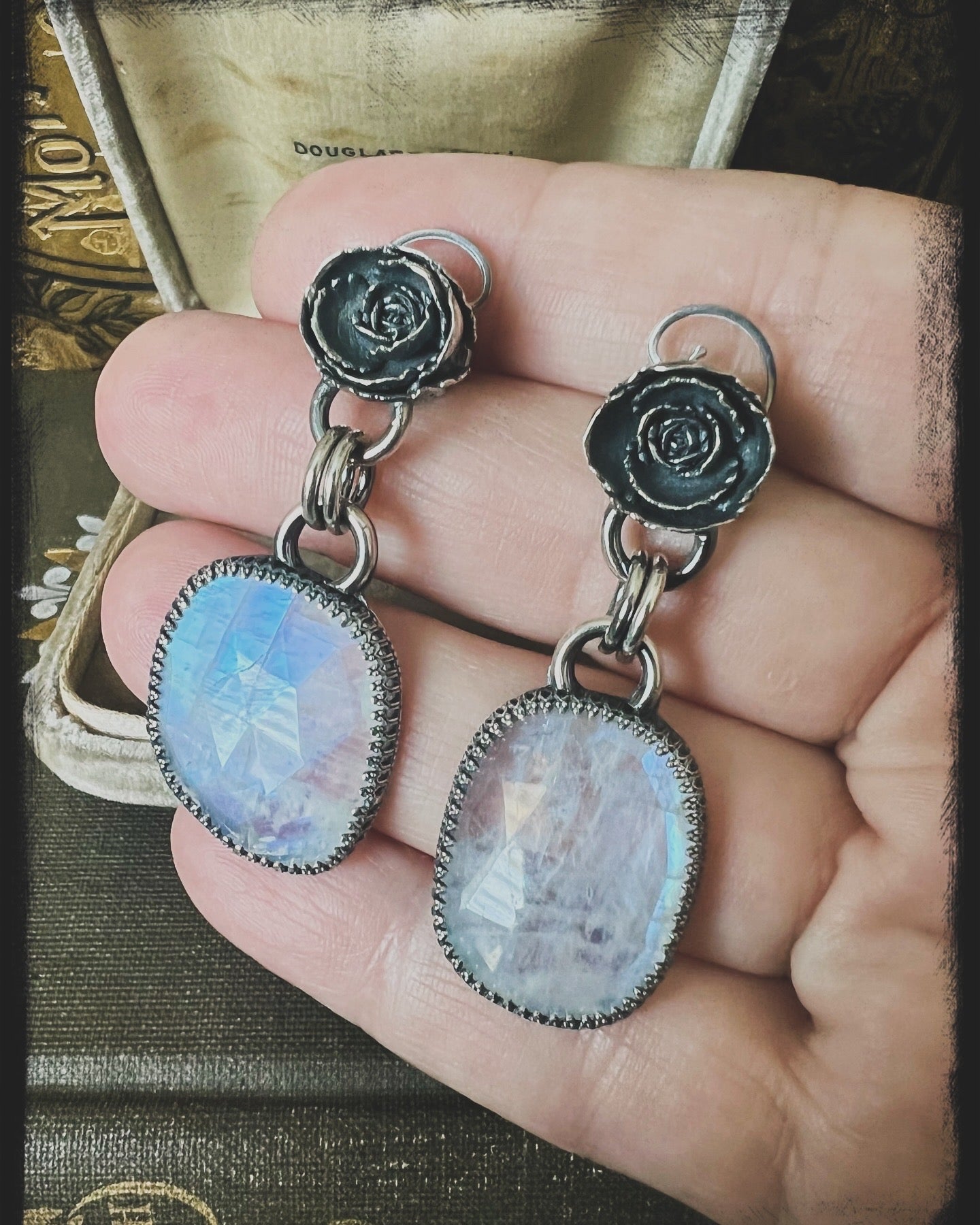 Moonstone and Cast Flower Earrings
