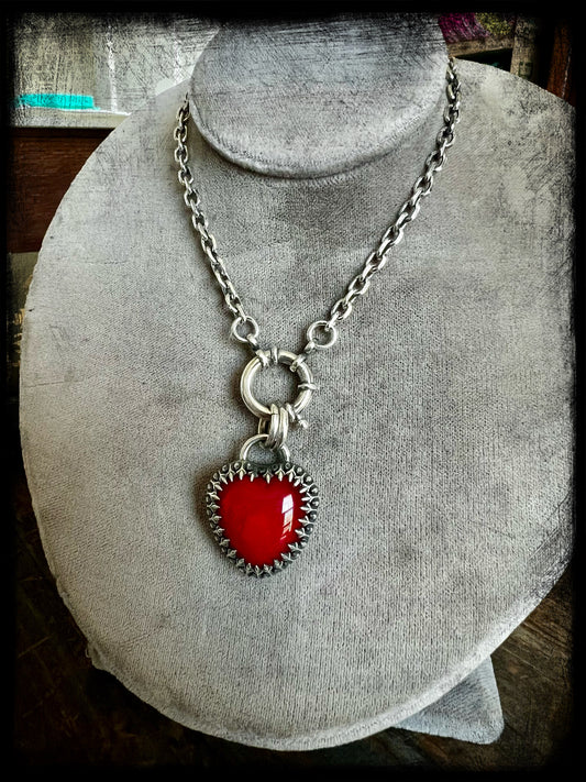 Tin Man's Heart-Red Glass Heart Pendant set in Sterling Sterling-Artisan Handmade