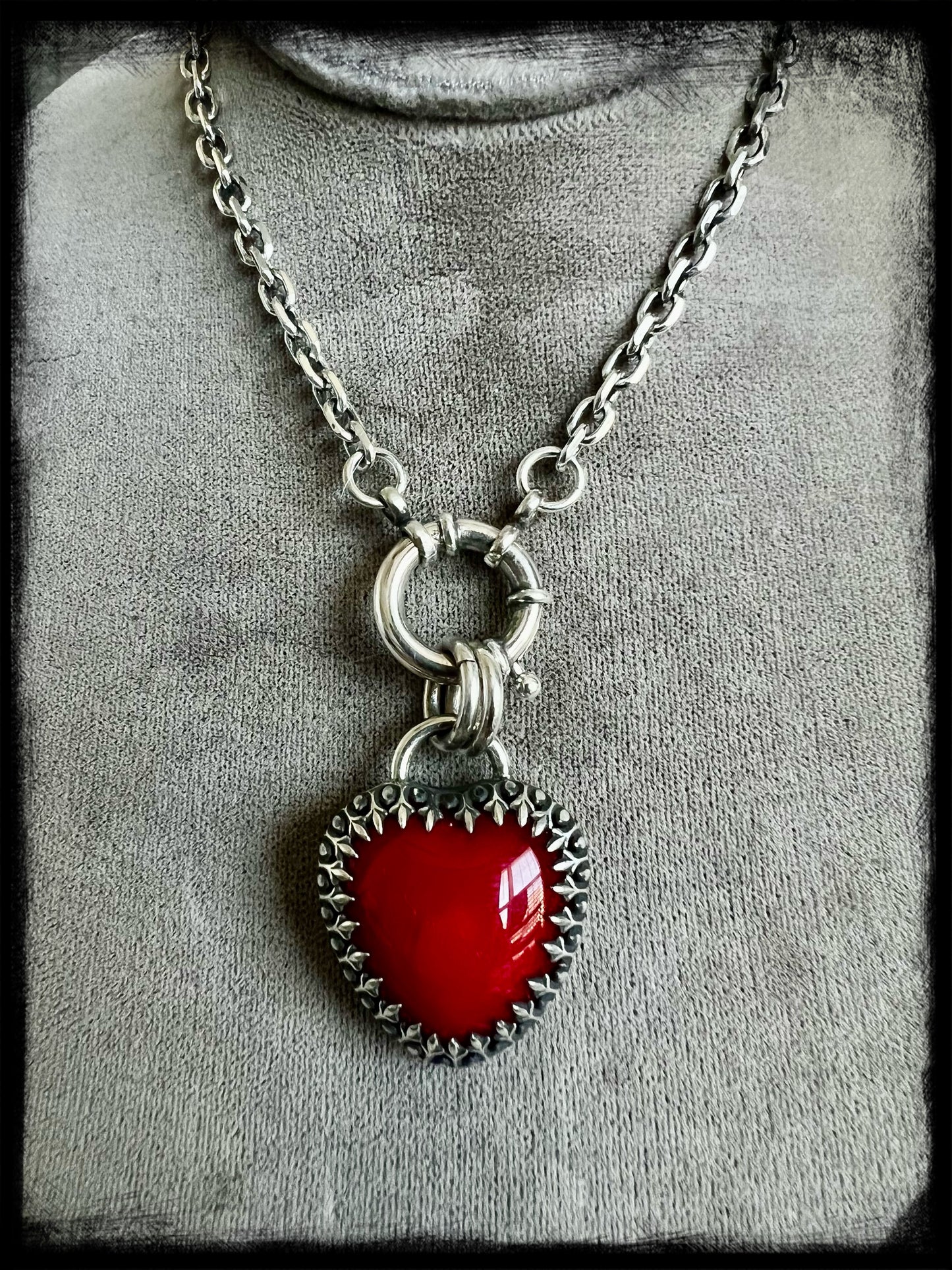 Tin Man's Heart-Red Glass Heart Pendant set in Sterling Sterling-Artisan Handmade