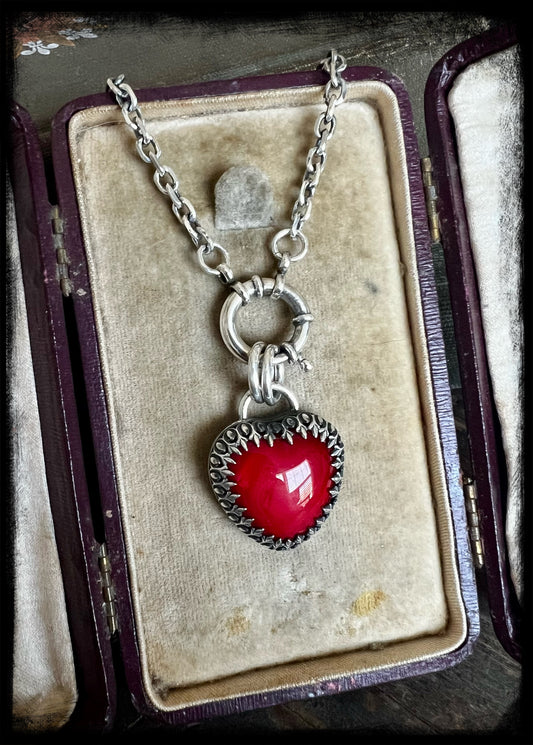 Tin Man's Heart-Red Glass Heart Pendant set in Sterling Sterling-Artisan Handmade