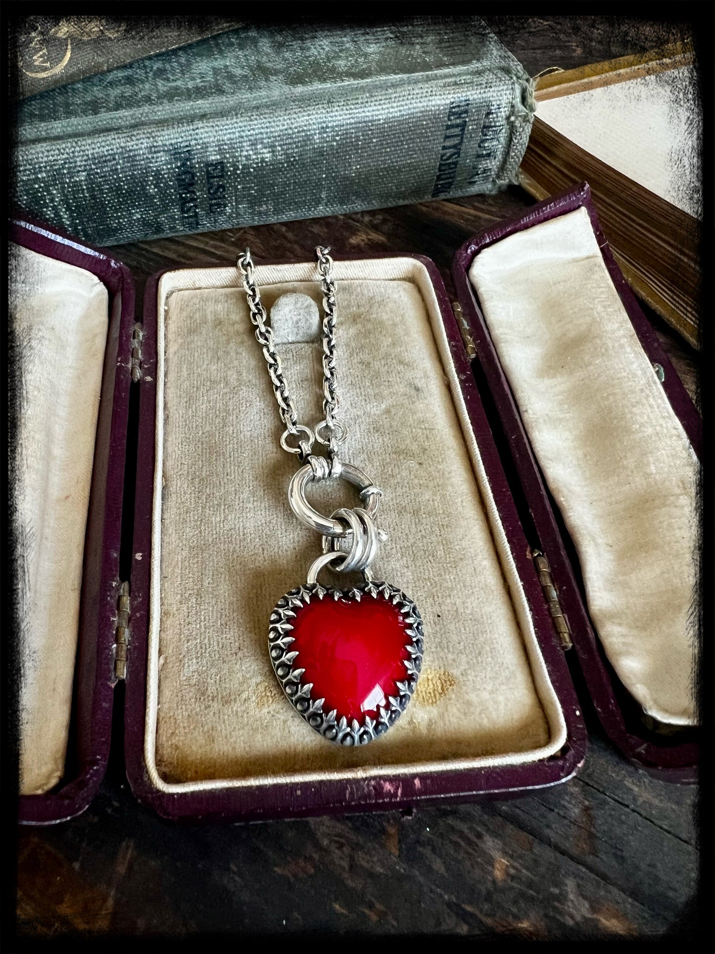 Tin Man's Heart-Red Glass Heart Pendant set in Sterling Sterling-Artisan Handmade