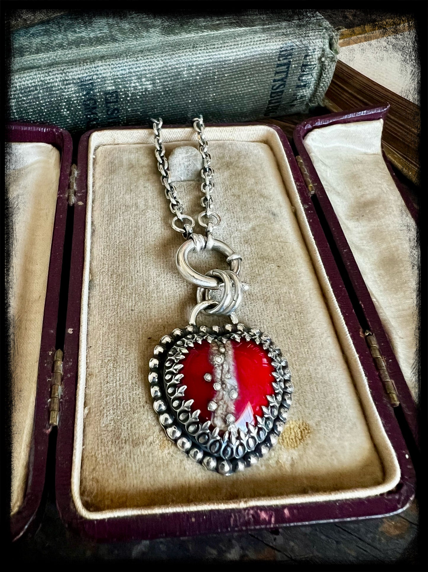 Sacred Heart-Red Glass Heart Pendant-Sterling Silver-Artisan Handmade