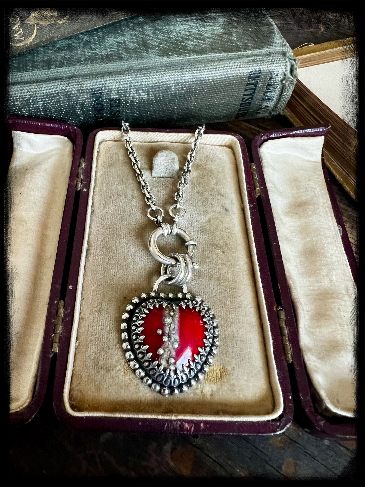 Sacred Heart-Red Glass Heart Pendant-Sterling Silver-Artisan Handmade