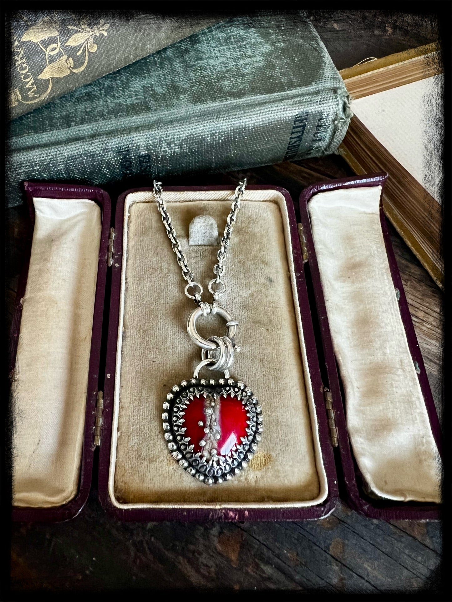 Sacred Heart-Red Glass Heart Pendant-Sterling Silver-Artisan Handmade