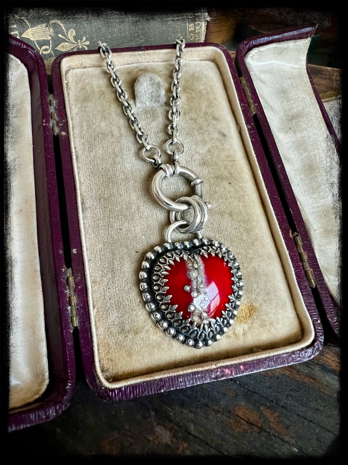 Sacred Heart-Red Glass Heart Pendant-Sterling Silver-Artisan Handmade