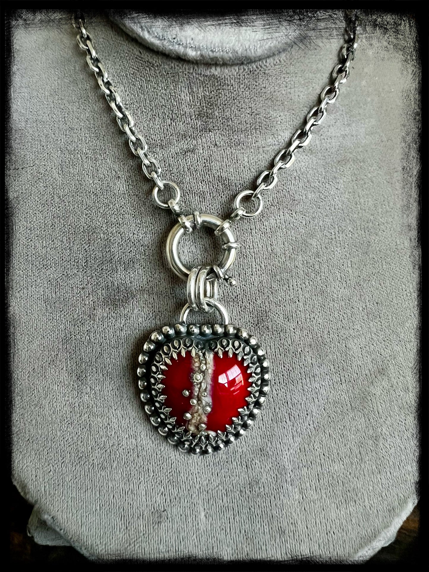 Sacred Heart-Red Glass Heart Pendant-Sterling Silver-Artisan Handmade