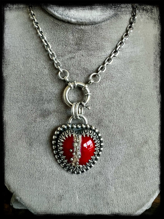 Sacred Heart-Red Glass Heart Pendant-Sterling Silver-Artisan Handmade