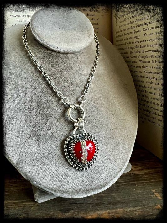 Sacred Heart-Red Glass Heart Pendant-Sterling Silver-Artisan Handmade