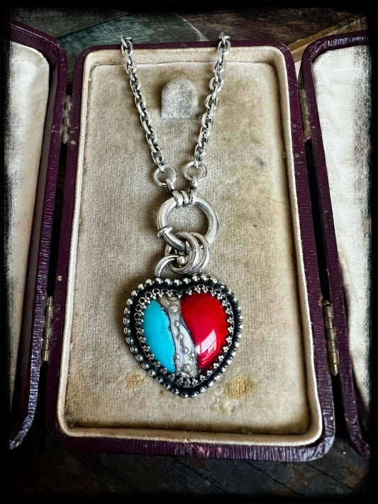RESERVED-Blue and Red Glass Heart Pendant-Sterling Silver-Artisan Handmade