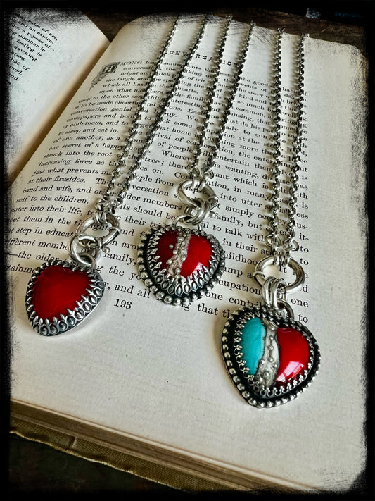 RESERVED-Blue and Red Glass Heart Pendant-Sterling Silver-Artisan Handmade