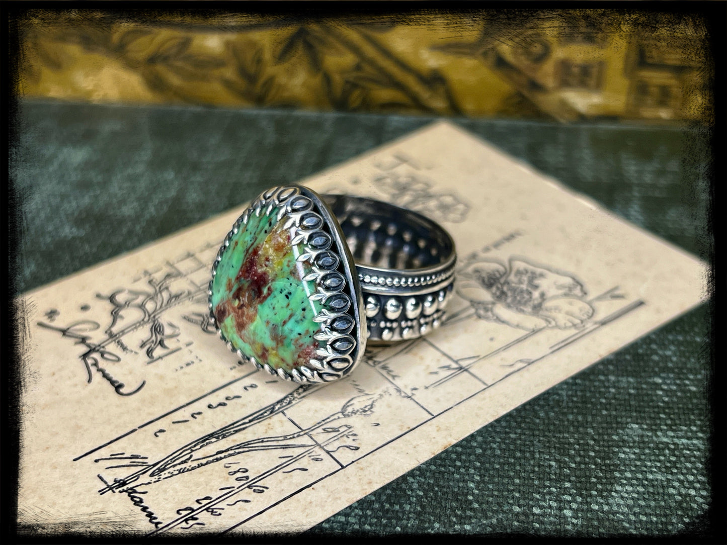 Chrysocolla Stone set in Sterling Silver Ring-Size 12-Handmade Artisan Jewelry