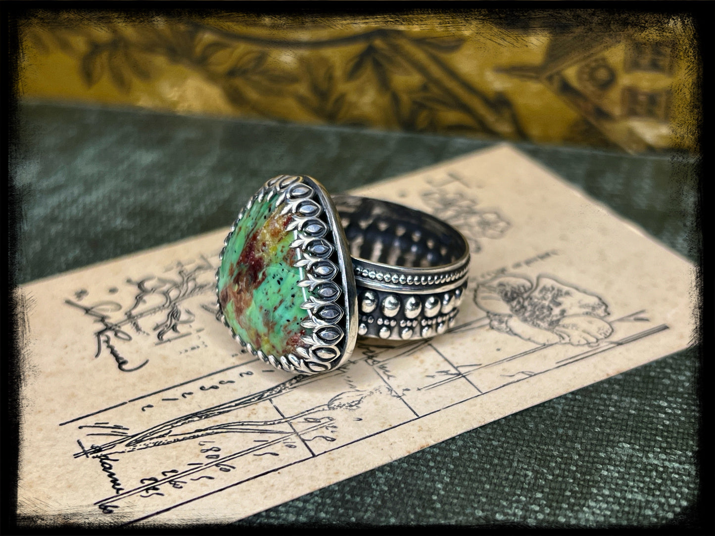 Chrysocolla Stone set in Sterling Silver Ring-Size 12-Handmade Artisan Jewelry