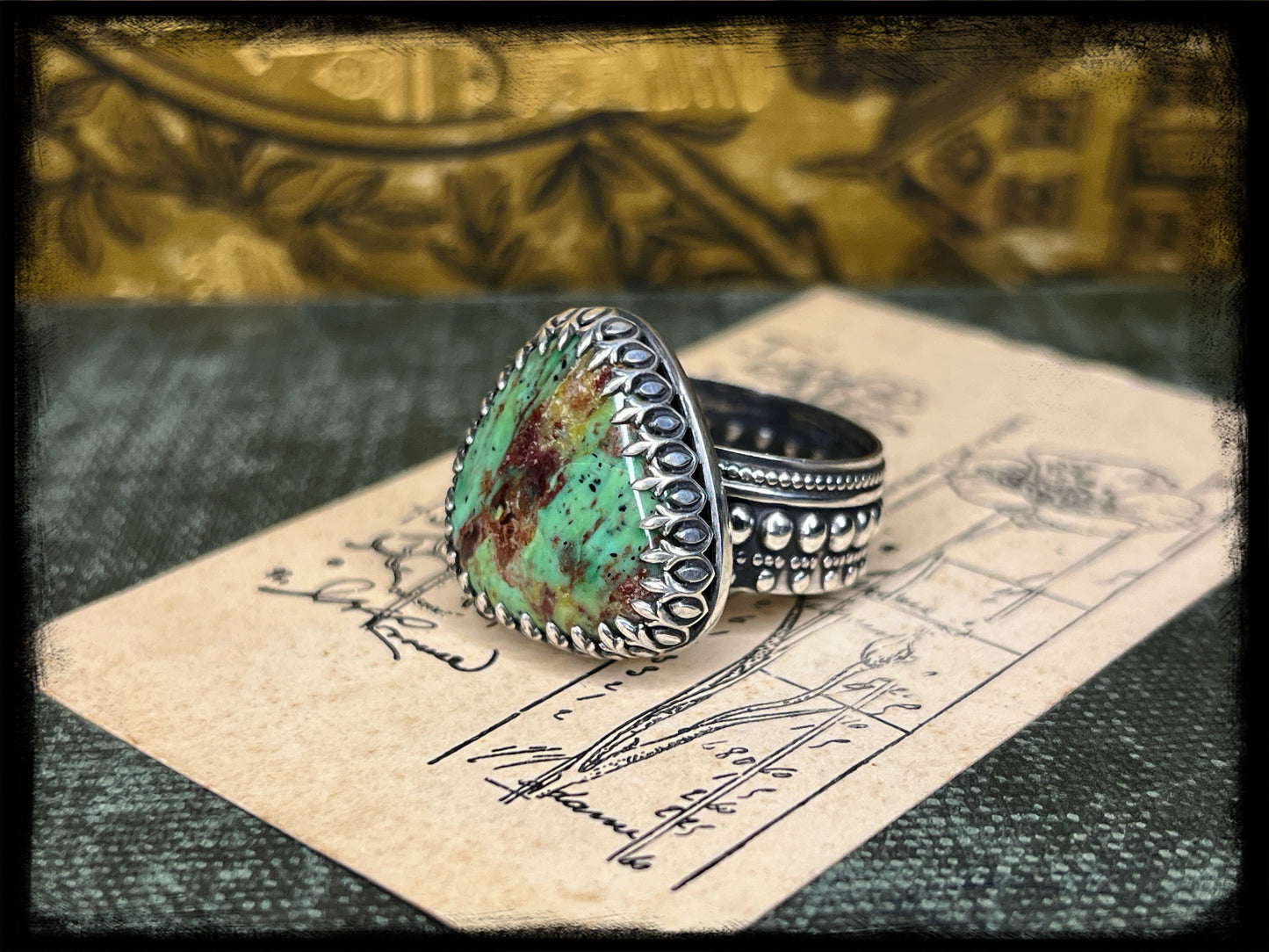 Chrysocolla Stone set in Sterling Silver Ring-Size 12-Handmade Artisan Jewelry