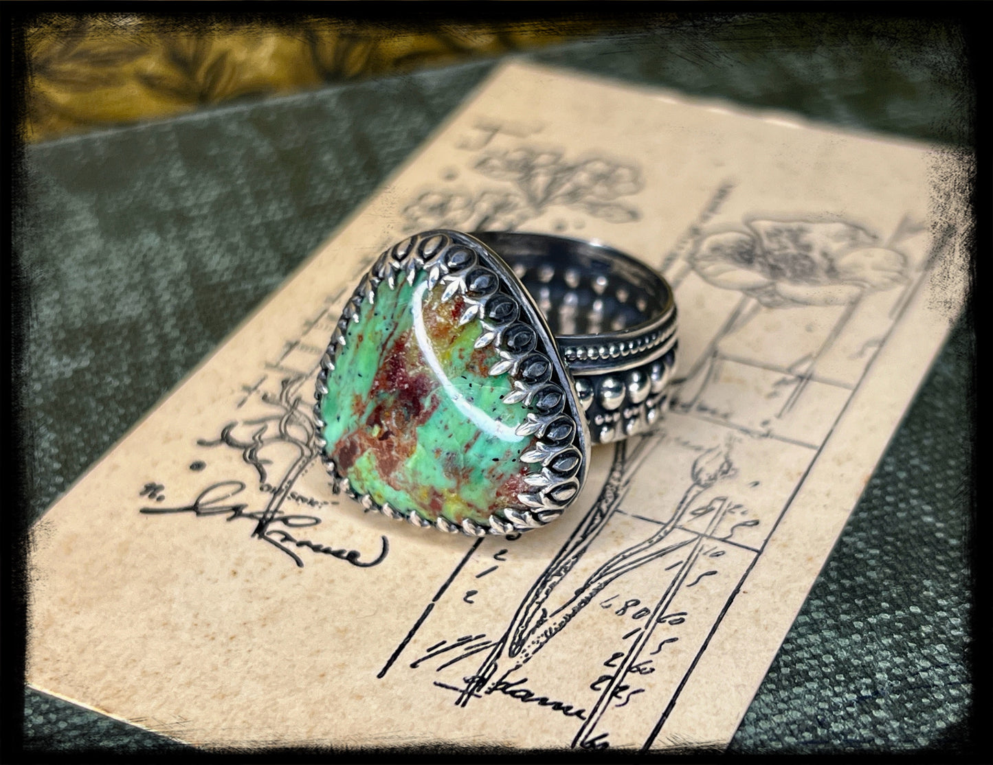 Chrysocolla Stone set in Sterling Silver Ring-Size 12-Handmade Artisan Jewelry