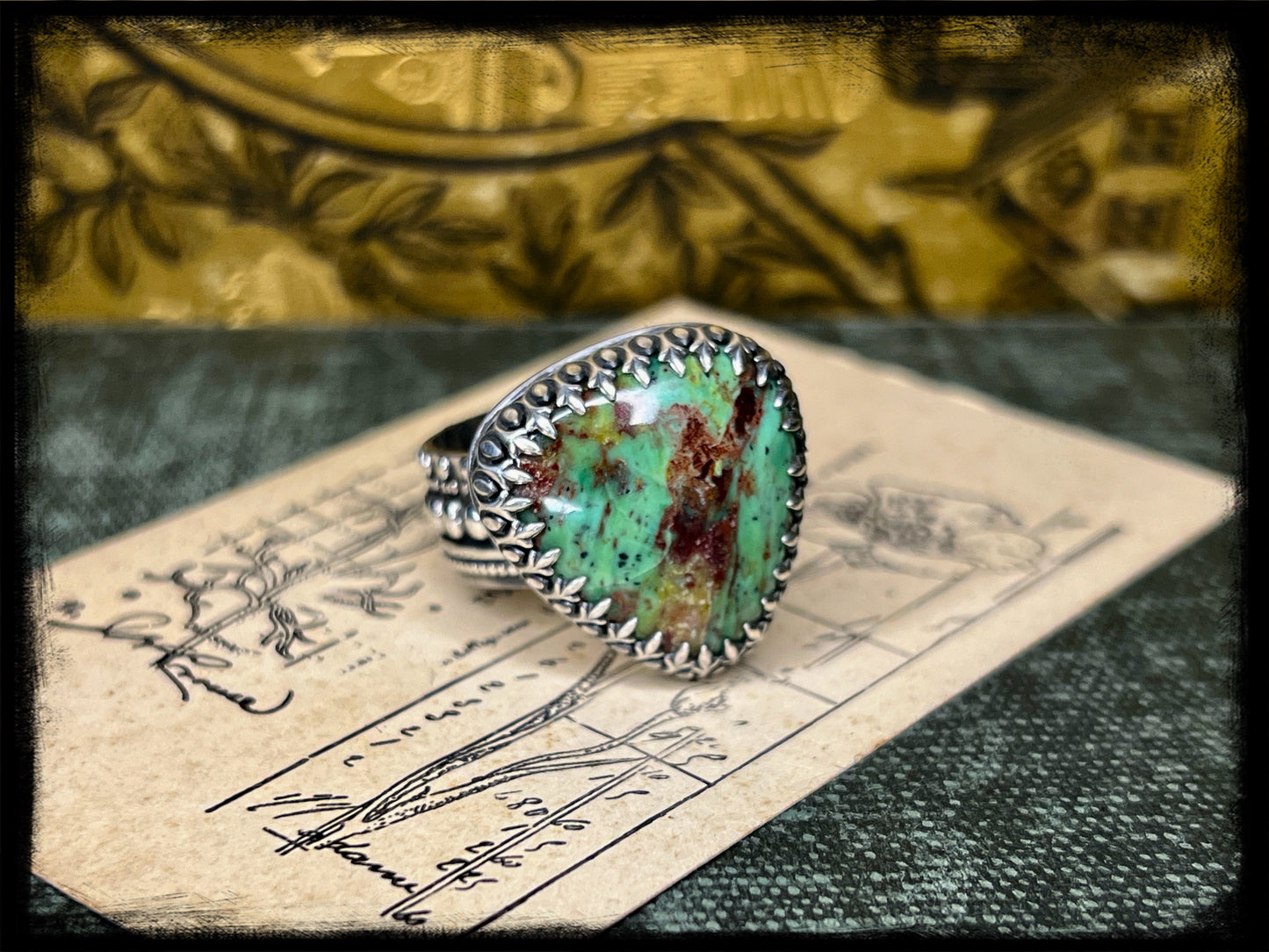 Chrysocolla Stone set in Sterling Silver Ring-Size 12-Handmade Artisan Jewelry