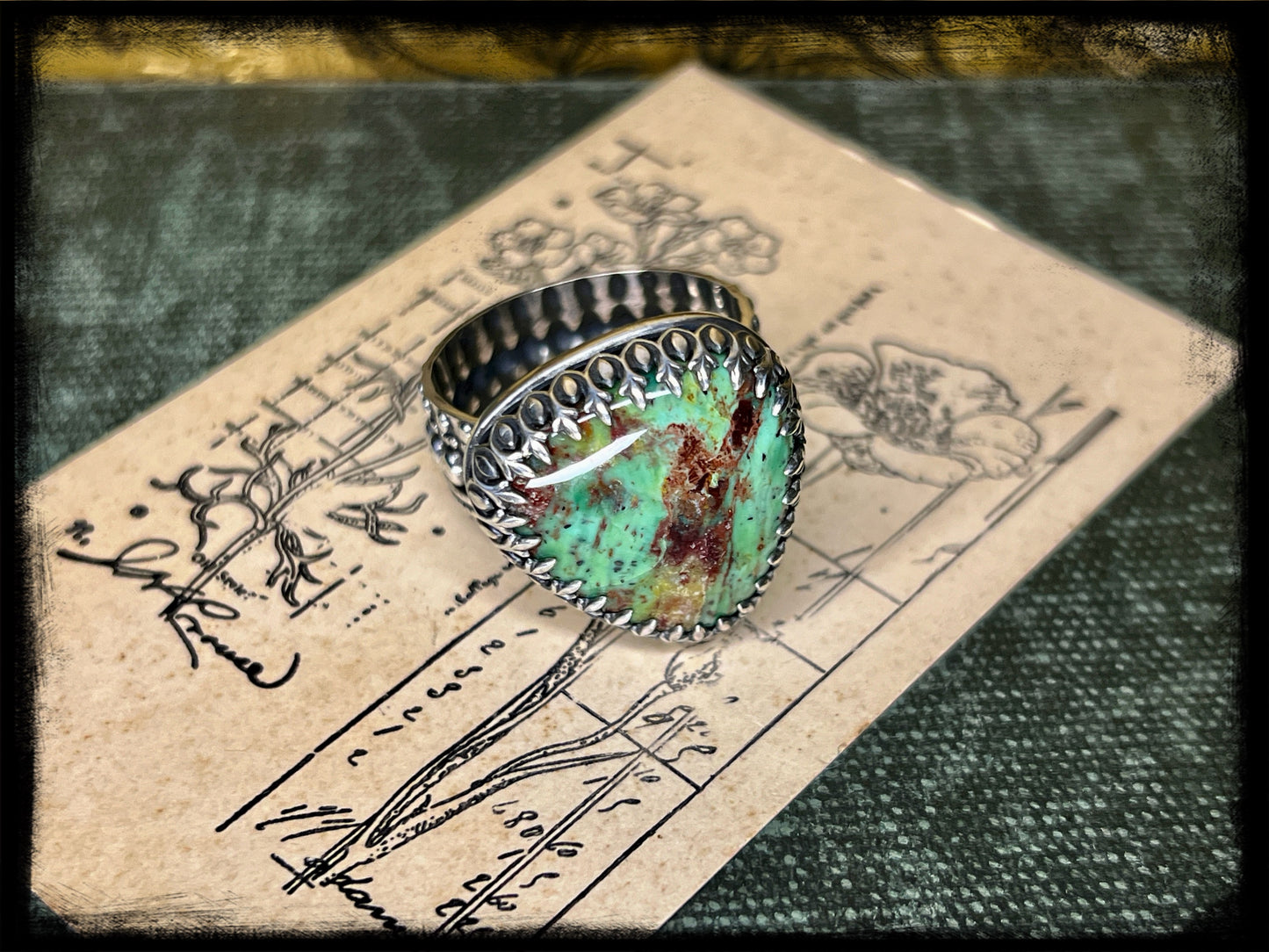 Chrysocolla Stone set in Sterling Silver Ring-Size 12-Handmade Artisan Jewelry