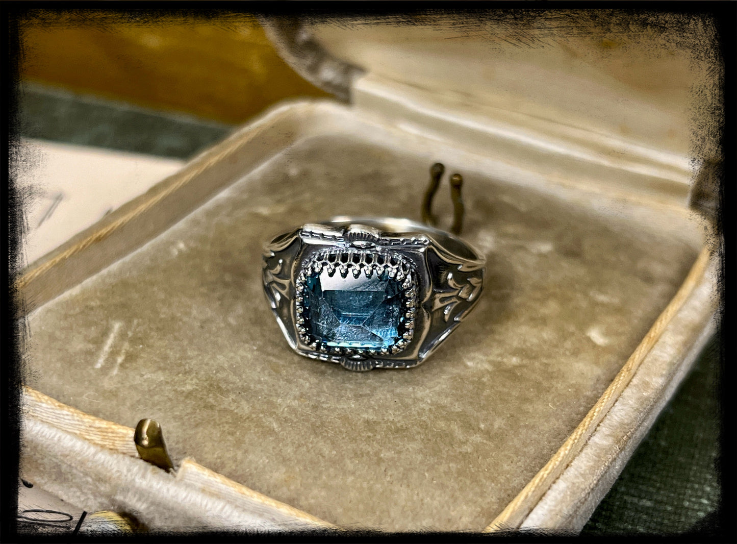 Art Deco Style Sterling Silver Ring with Blue Topaz Setting-Size 11.5US