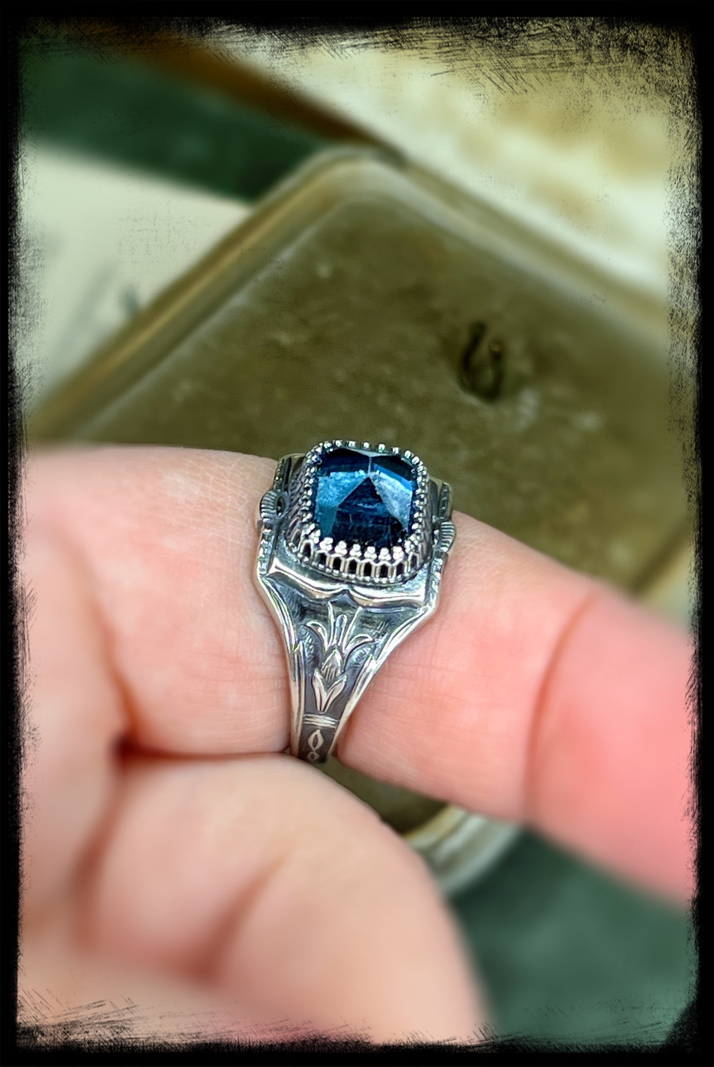 Art Deco Style Sterling Silver Ring with Blue Topaz Setting-Size 11.5US