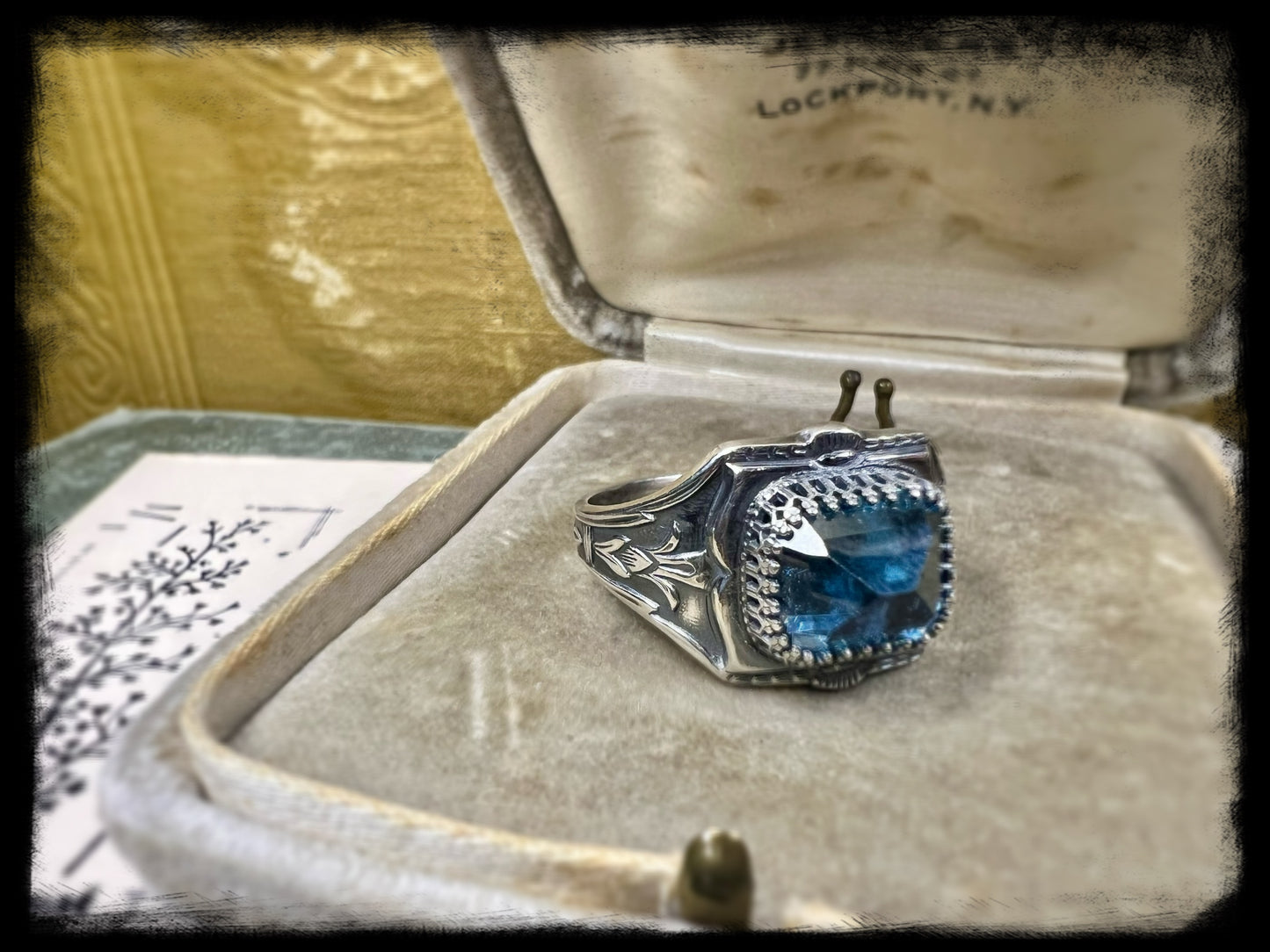 Art Deco Style Sterling Silver Ring with Blue Topaz Setting-Size 11.5US
