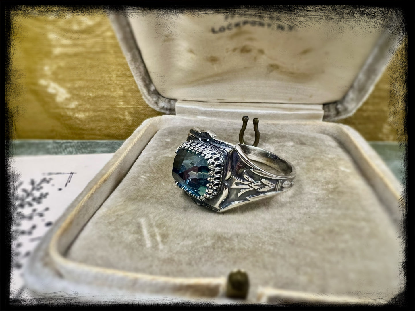 Art Deco Style Sterling Silver Ring with Blue Topaz Setting-Size 11.5US