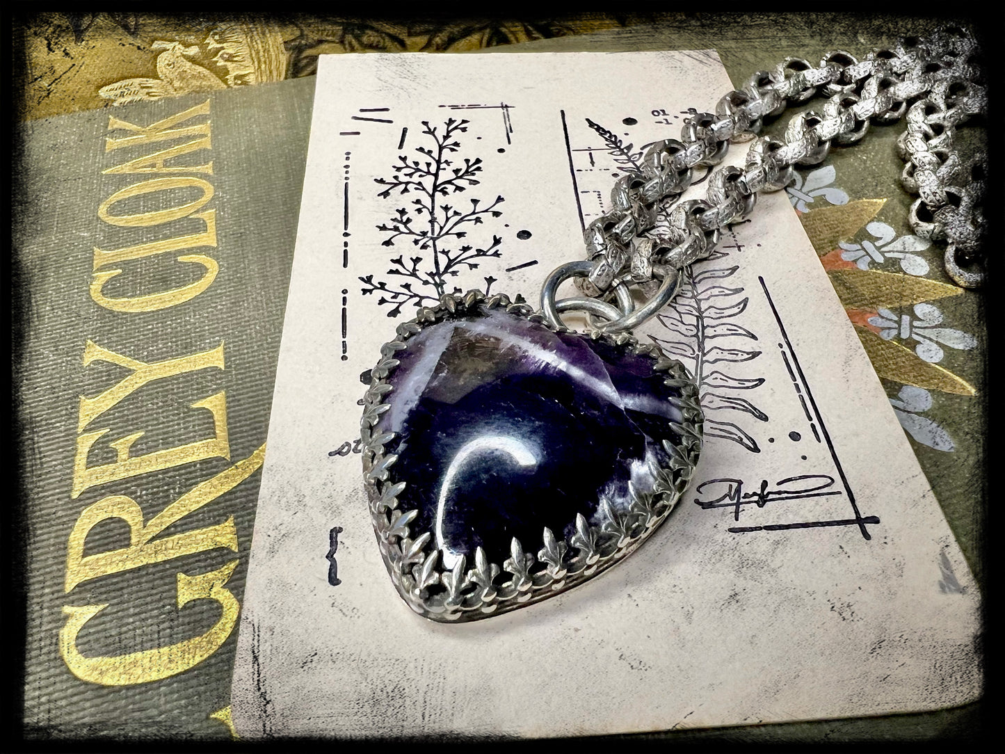 Chevron Amethyst Pendant set in Embossed Sterling Silver