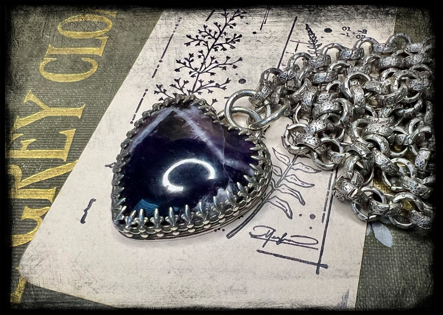 Chevron Amethyst Pendant set in Embossed Sterling Silver