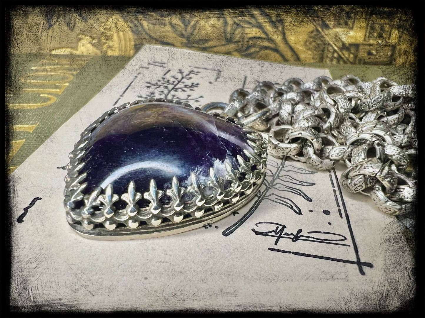 Chevron Amethyst Pendant set in Embossed Sterling Silver