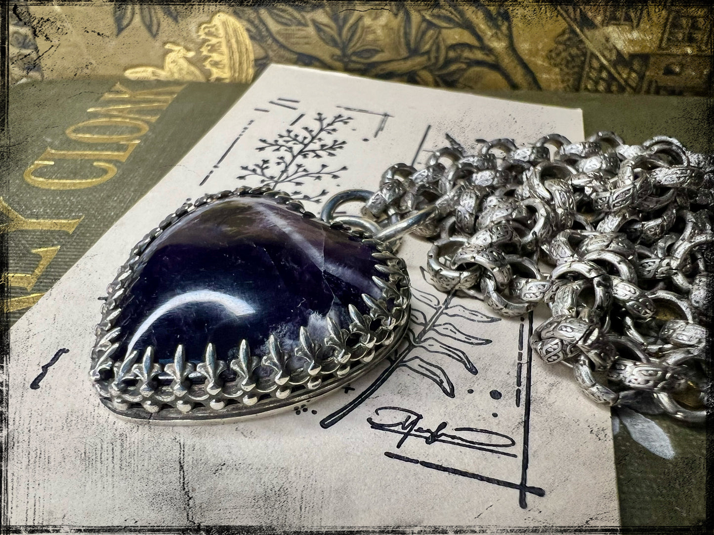 Chevron Amethyst Pendant set in Embossed Sterling Silver
