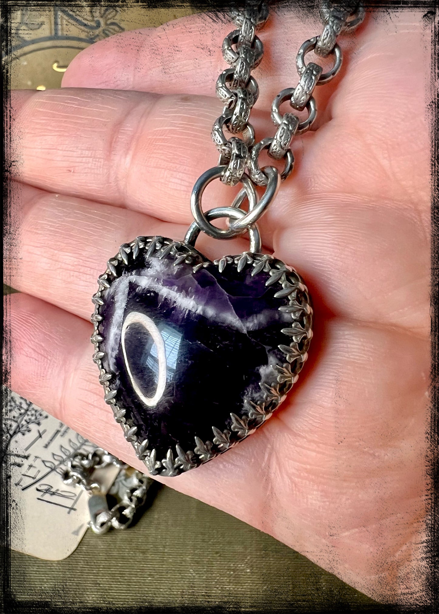 Chevron Amethyst Pendant set in Embossed Sterling Silver