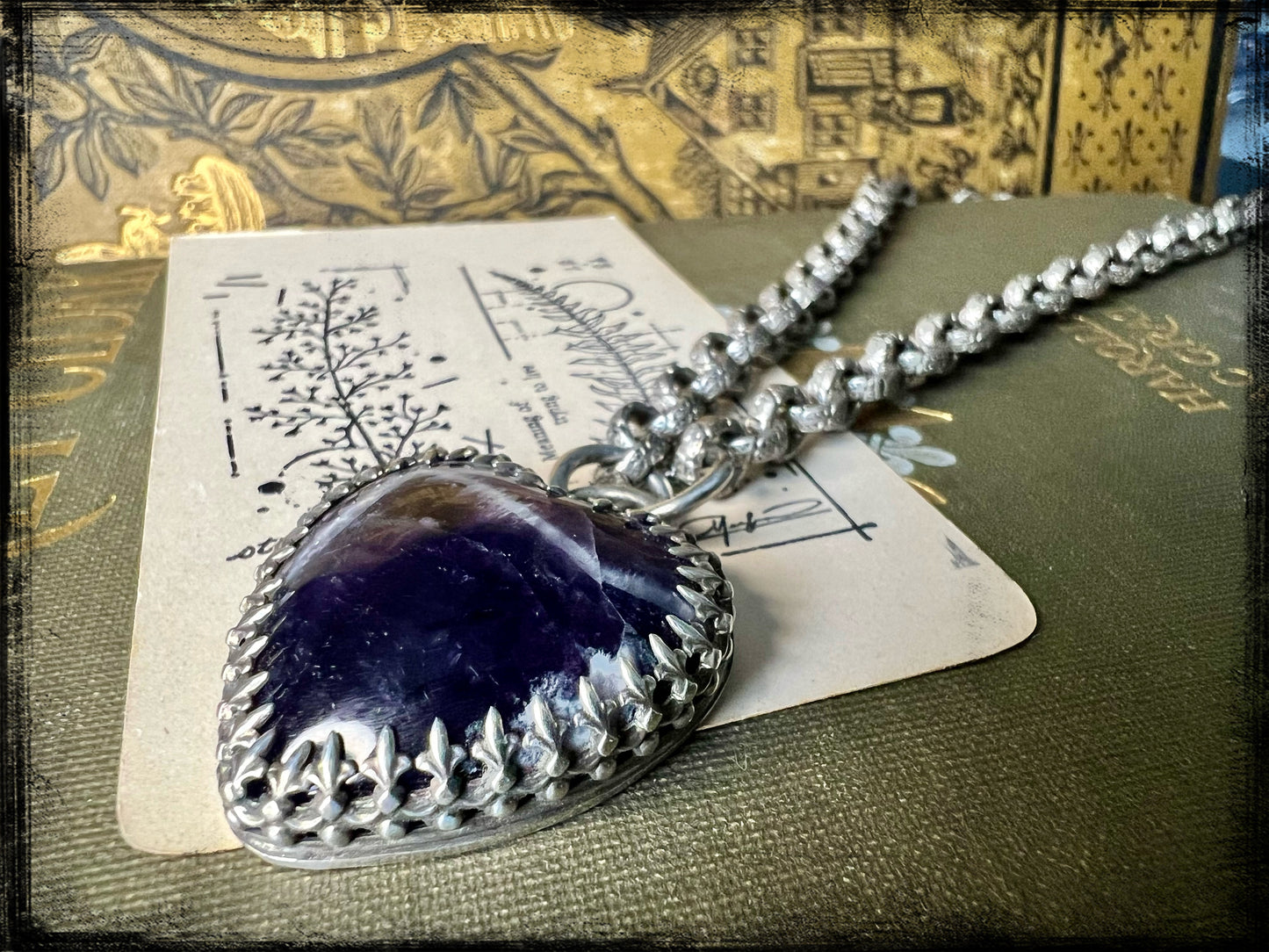Chevron Amethyst Pendant set in Embossed Sterling Silver