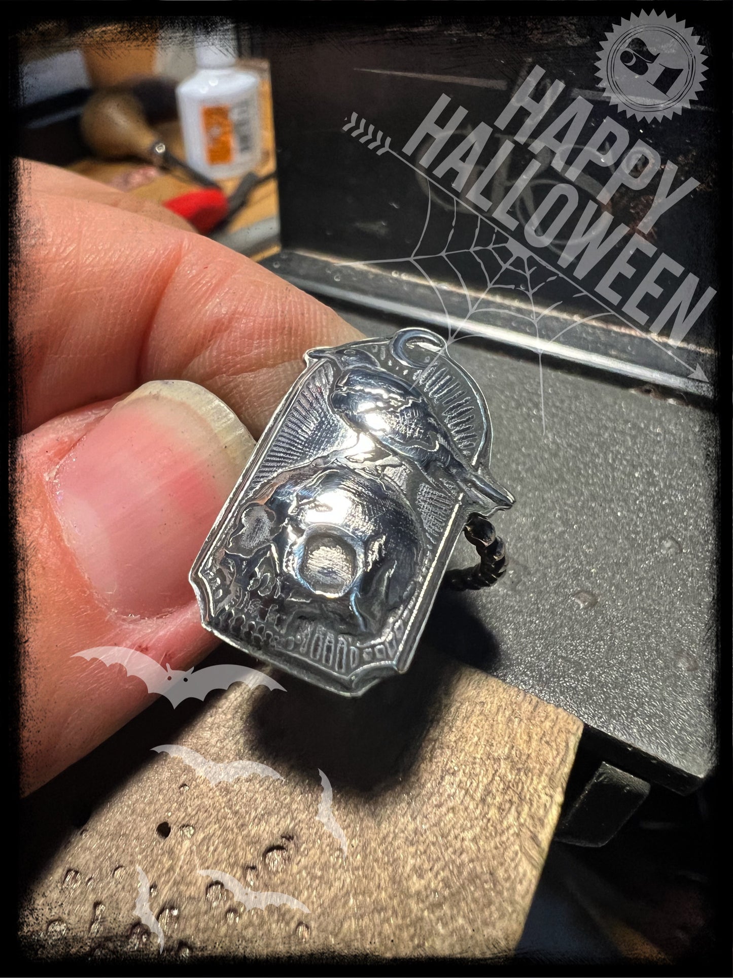 Skull and Crow Halloween Style Sterling Silver Ring-Made to Order