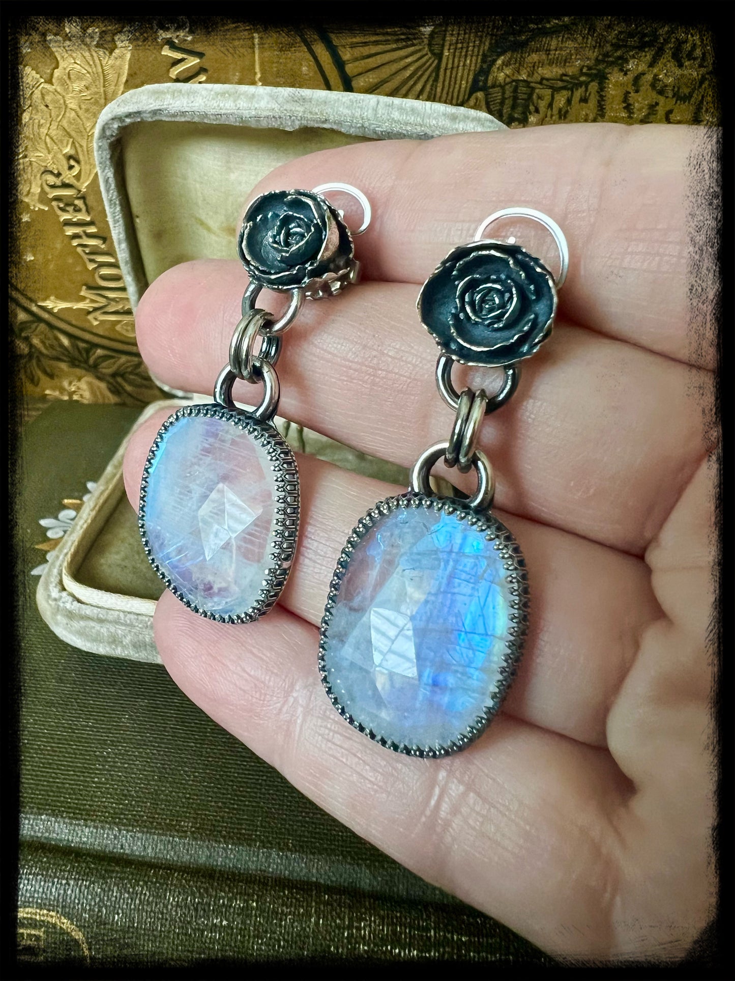 Moonstone and Cast Flower Earrings