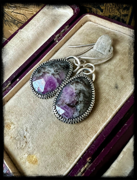 Black Ruby in Zoisite Earrings-Sterling Silver-Drop Earrings
