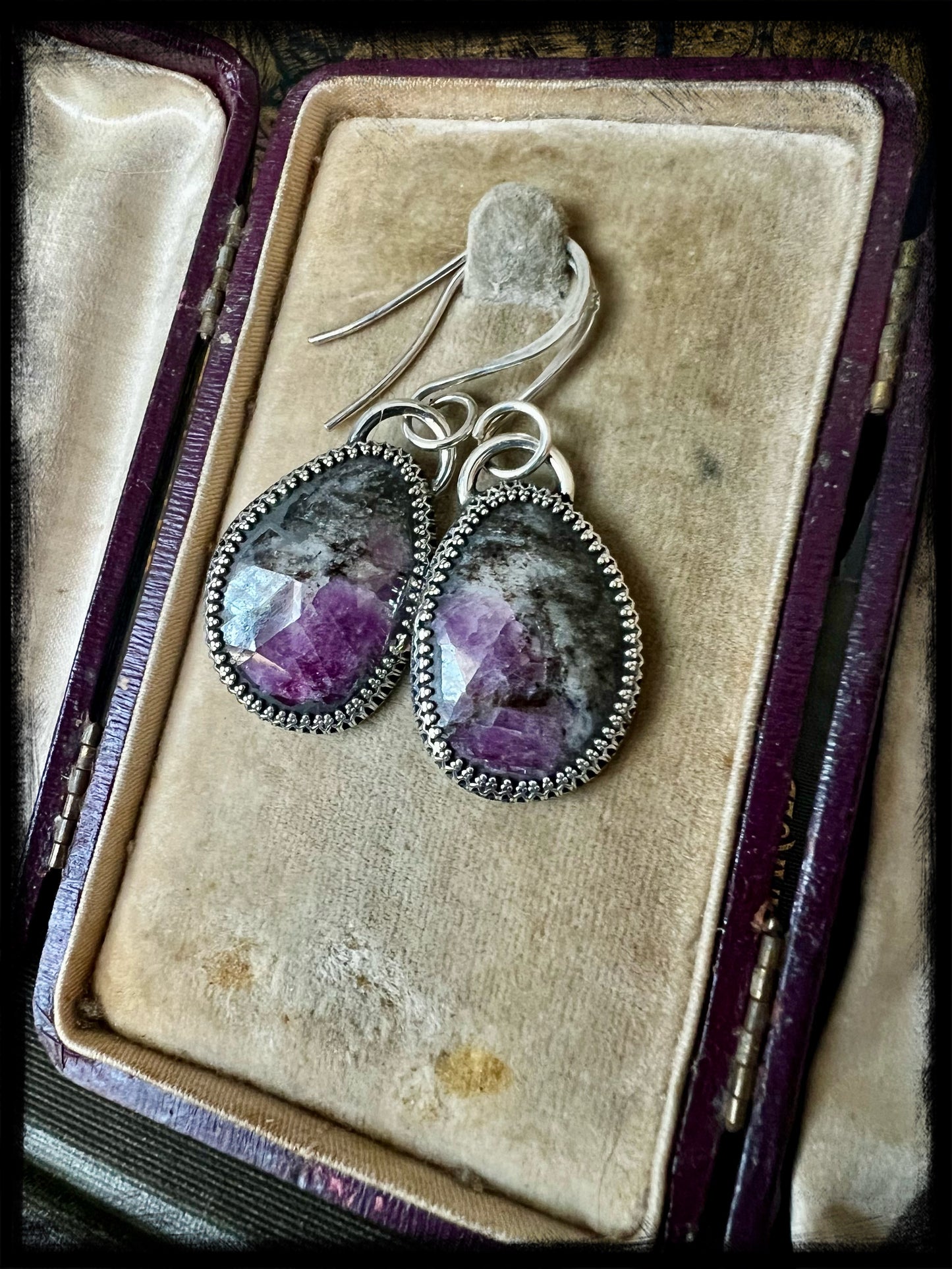 Black Ruby in Zoisite Earrings-Sterling Silver-Drop Earrings