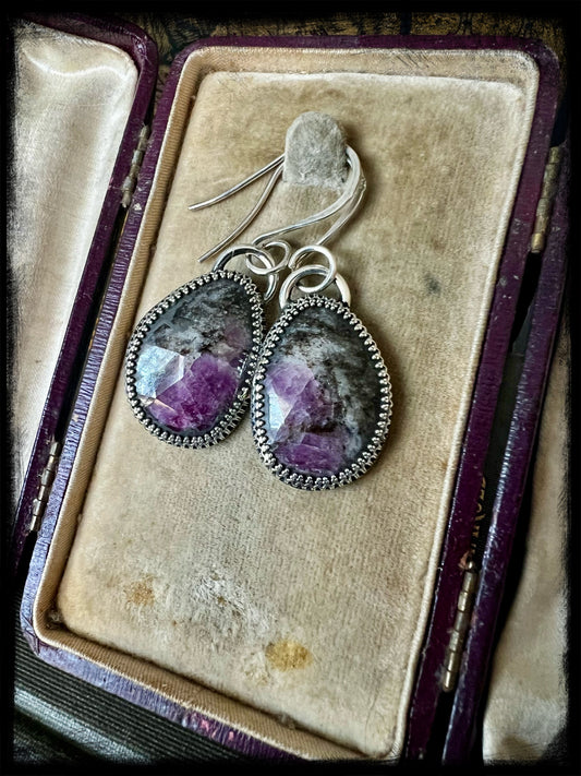 Black Ruby in Zoisite Earrings-Sterling Silver-Drop Earrings