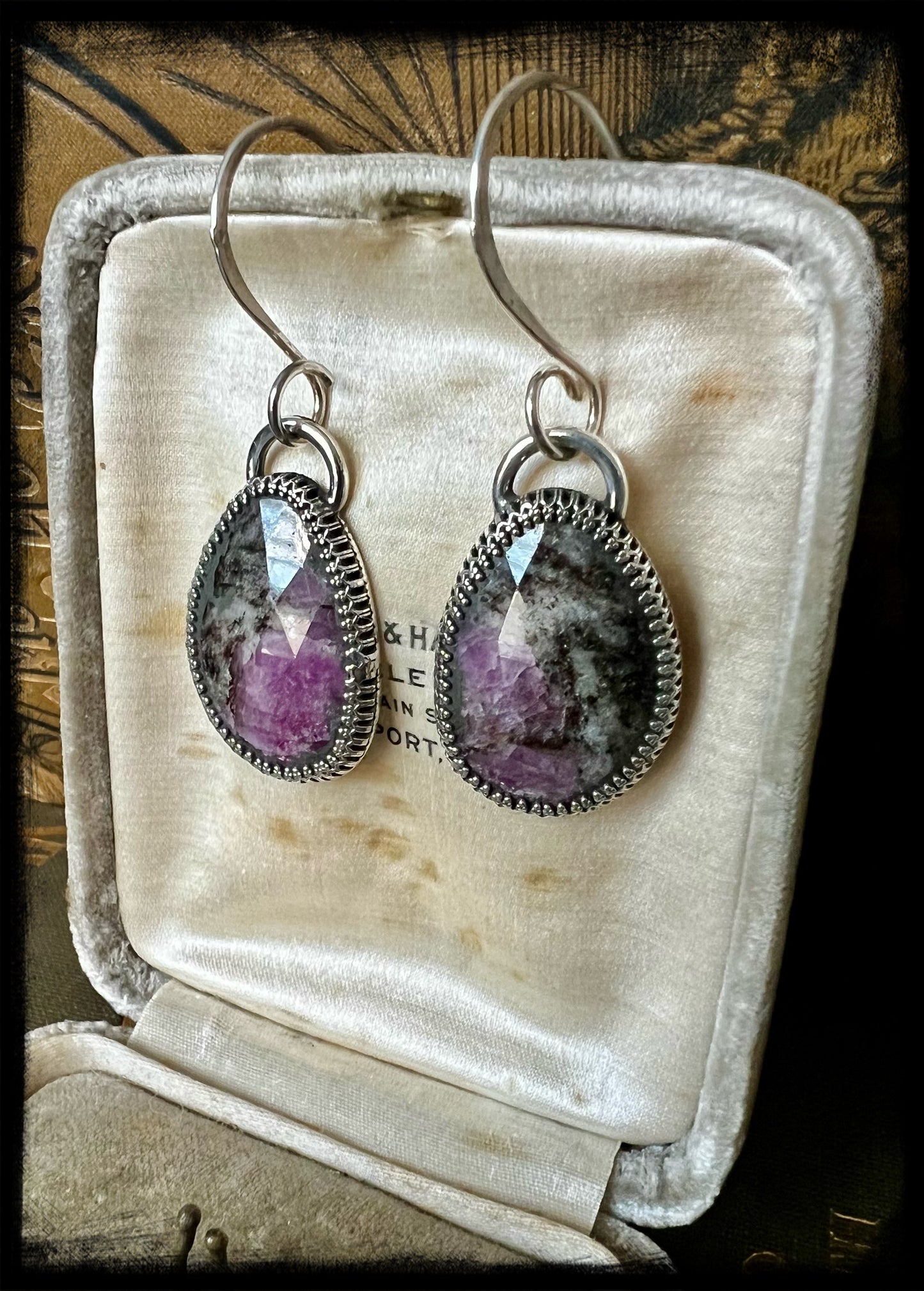 Black Ruby in Zoisite Earrings-Sterling Silver-Drop Earrings