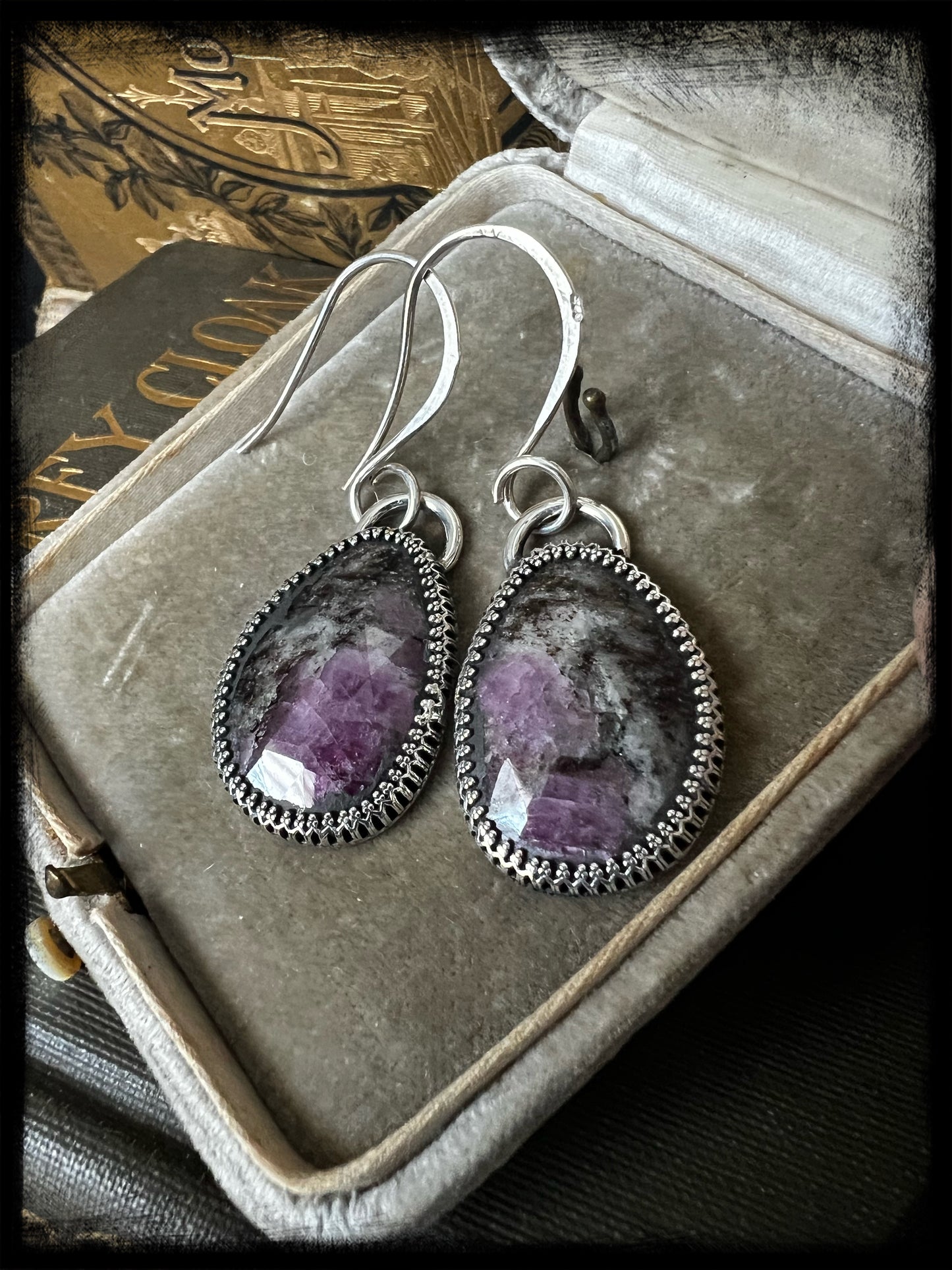 Black Ruby in Zoisite Earrings-Sterling Silver-Drop Earrings