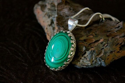 Malachite Stone set in Etched Sterling Silver