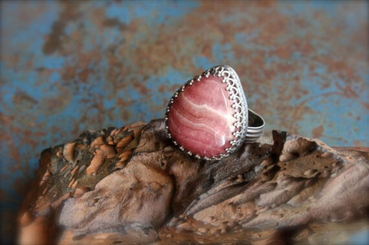 Rhodocrosite stone set in Etched Sterling Silver-Ring Size 7
