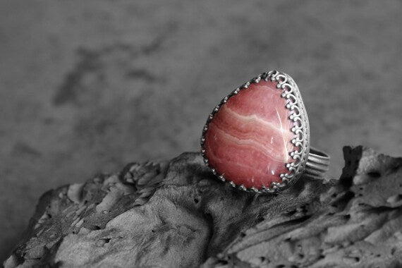 Rhodocrosite stone set in Etched Sterling Silver-Ring Size 7